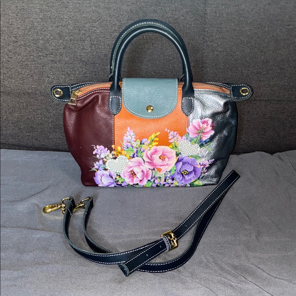 Floral Multi-Color Leather Handbag - Picture 6 of 16